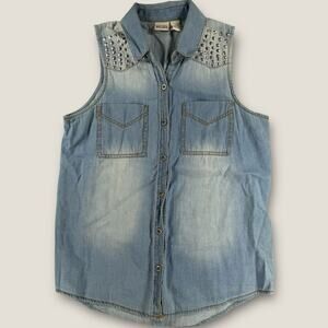 Mudd Denim Vest‎ Women's Medium Blue Studded Button Up Sleeveless Jean Jacket